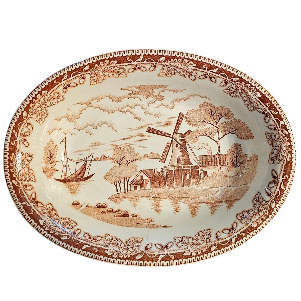 Vintage Japan Brown White Transferware Windmill Oval Serving Bowl 9.75in